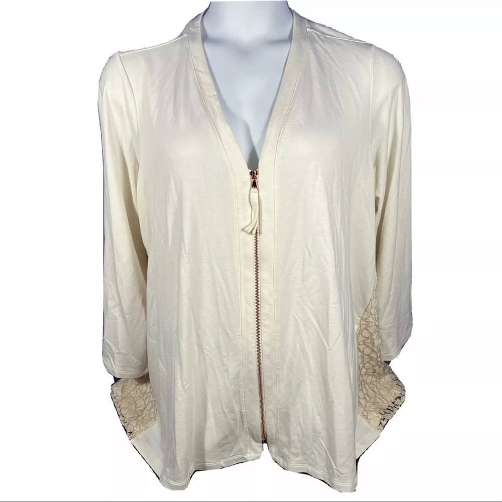 LOGO LOUNGE Zip Front Cardigan Lace Back Ivory Plus size 3X by Lori Goldstein